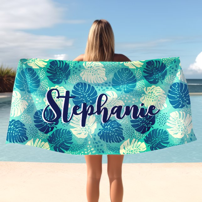 Monstera Verlasse tropische Aquarellfarben Navy Bl Strandtuch (Von Creator hochgeladen)