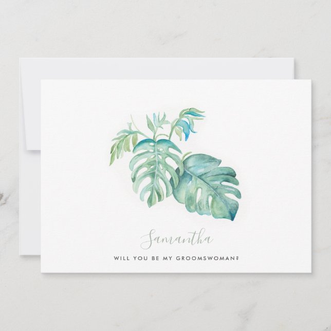 Monstera Wasserfarbe Blätter Groomswoman Karten (Vorderseite)