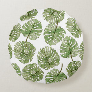 Monstera Watercolor Grüne tropische Blätter Naht Rundes Kissen