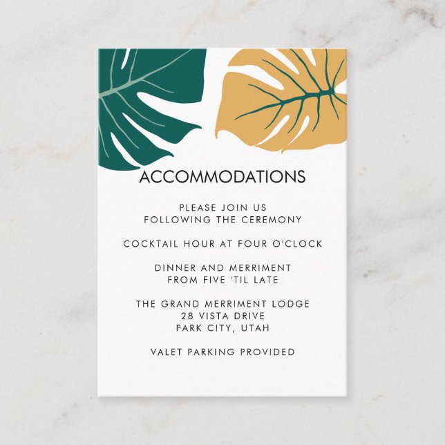 Monstera Yellow | Hochzeitshotel Unterkunft Begleitkarte (Vorderseite)