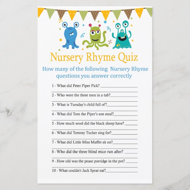 Monsters Kinderzimmer Rhyme Quiz Babyduschenspiel (Vorderseite)
