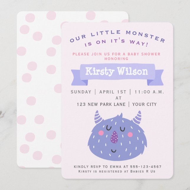 Monstre mou pourpre | Invitation Baby shower (Devant / Derrière)