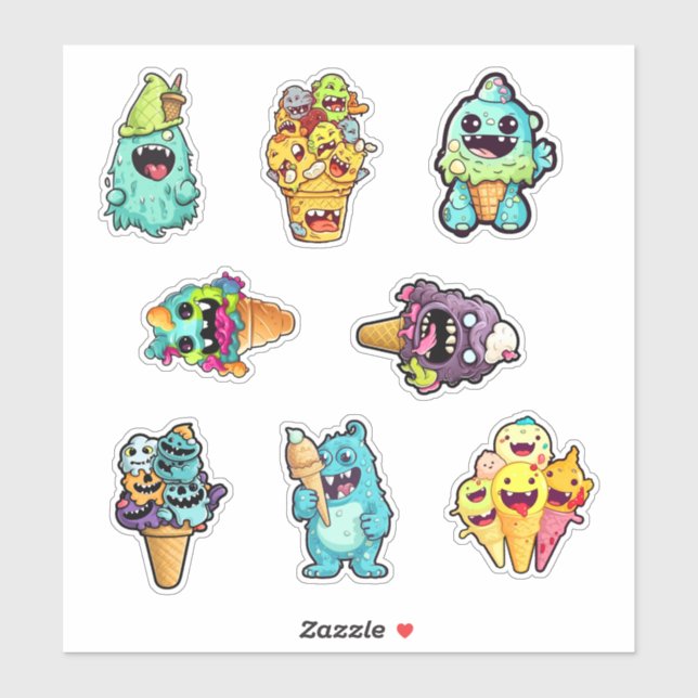 Monstres sucrés jouissant de Stickers crème glacée (Feuille)