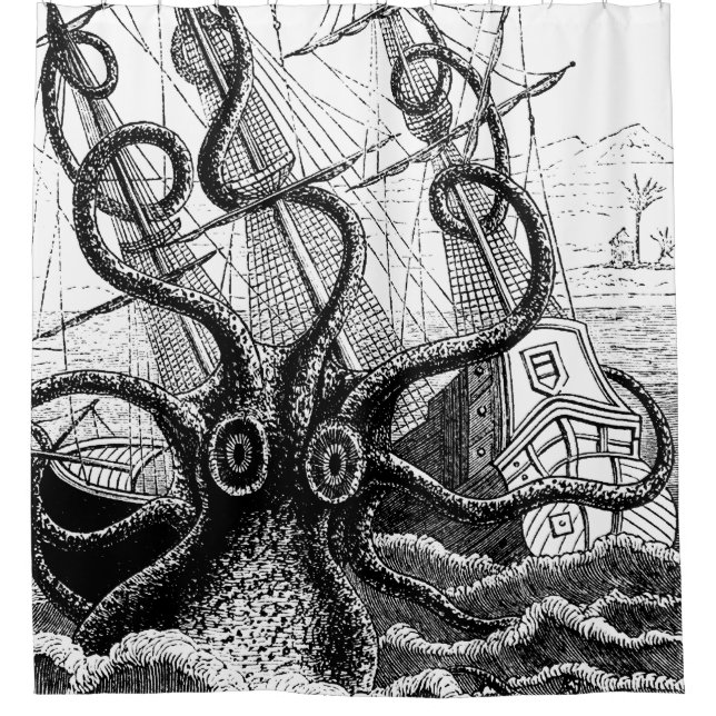 Monströse Oktopusangriffe auf ein Schiff Duschvorhang (Vorderseite)
