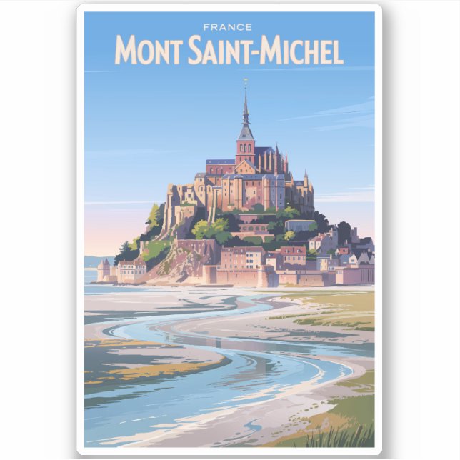 Mont Saint Michel Illustration Travel Art Vintage Aufkleber (Vorderseite)