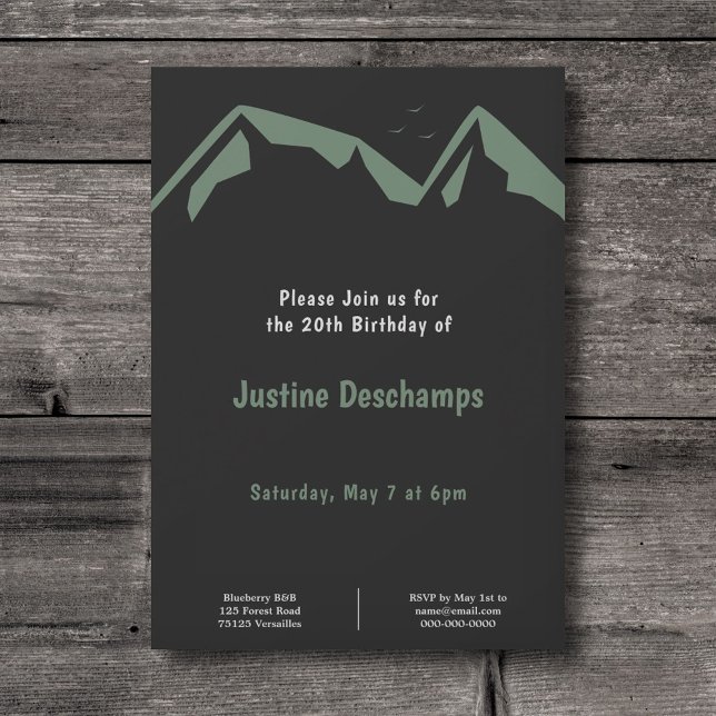 Montagnes en vert - Invitation d'anniversaire noir (Mountains in Green - Black Birthday Invitation)