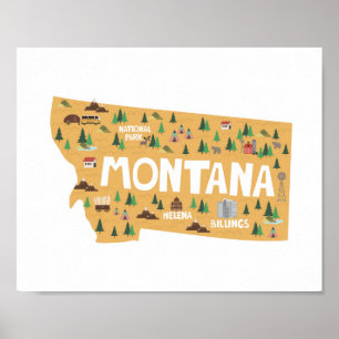 Montana-Ikonen-Sehenswürdigkeit-Karte Poster