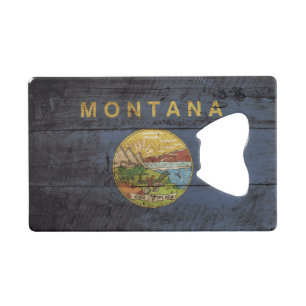 Montana-Staats-Flagge auf altem hölzernem Korn Kreditkartenflaschenöffner