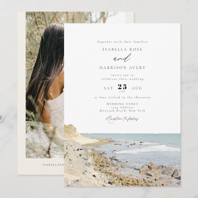 MONTAUK Beach New York Watercolor Wedding Invitati Einladung (Vorne/Hinten)