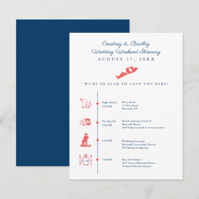 Montauk NY Wedding Reception Itinerary Timeline En Begleitkarte (Vorne/Hinten)