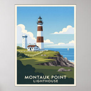 Montauk Point Leuchtturm, Küstenklippe & Segelboot Poster