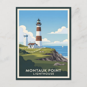 Montauk Point Leuchtturm, Küstenklippe & Segelboot Postkarte
