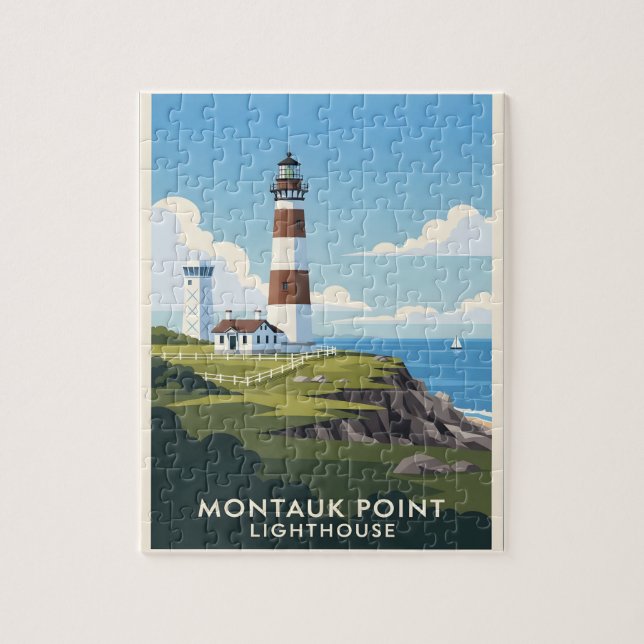 Montauk Point Lighthouse, Coastal Cliff & Sailboat (Vertikal)