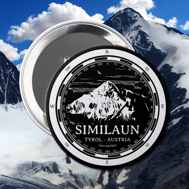Monte Ähnaun - Tirol Österreich Alpen Button (Mount Similaun Button in Back with a white compass and mountain illustration)