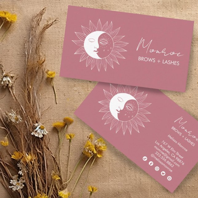 Monte Brè Lugano Gestern und Heute Visitenkarte (Boho moons and suns on mauve pink. Customize these business cards and edit the social icons too!)