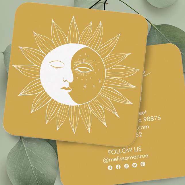 Monte San Giorgio Quadratische Visitenkarte (Sun & Moon Boho Line Art Elegant Gold Social Icons Square Business Card
)
