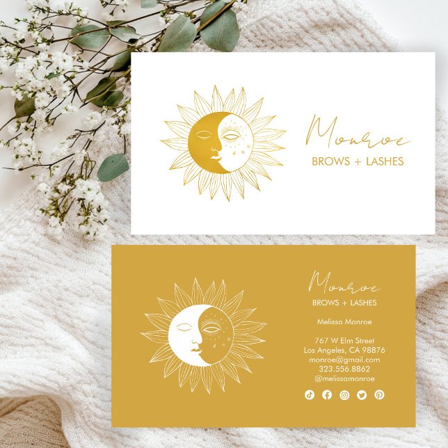 Monte San Giorgio Visitenkarte (Sun & Moon Boho Line Art Elegant Gold Social Icons Business Card
)