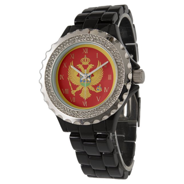 Montenegro-Flagge Armbanduhr (Schrägansicht)