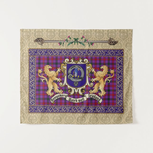 Montgomery Clan Abzeichen & Tartan mit Löwen Wandteppich (Vorderseite (Horizontal))
