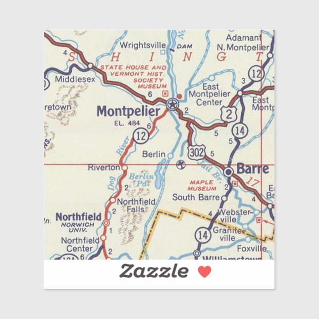 Montpelier VT Retro Map Aufkleber (Blatt)