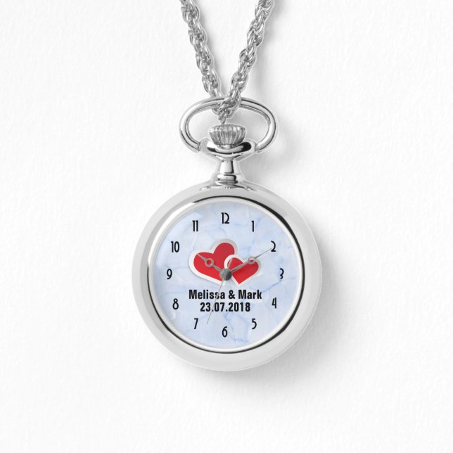 Montre 2 Coeurs en papier rouge sur marbre bleu Icy (Recto)