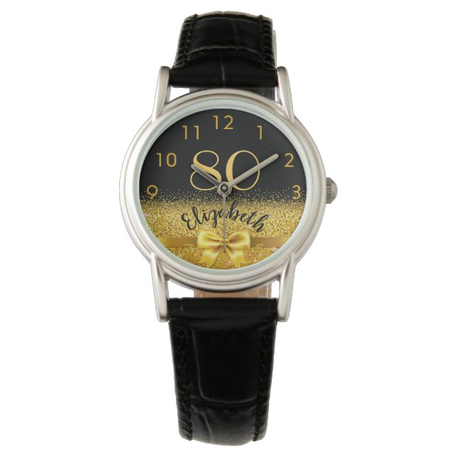 Montre 80e anniversaire noir or nom classique élégance ar (devant)