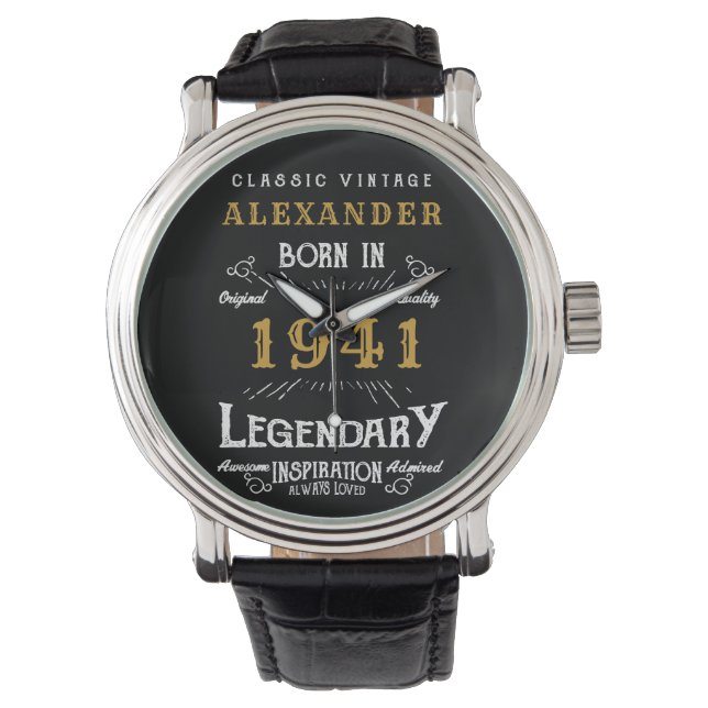 Montre 80e anniversaire personnalisé Né en 1941 Noir Vint (devant)