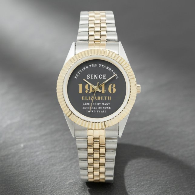 Montre 80th Birthday 1946 Elegant Black White Chic (Born 1946 birthday watch. Grey background)