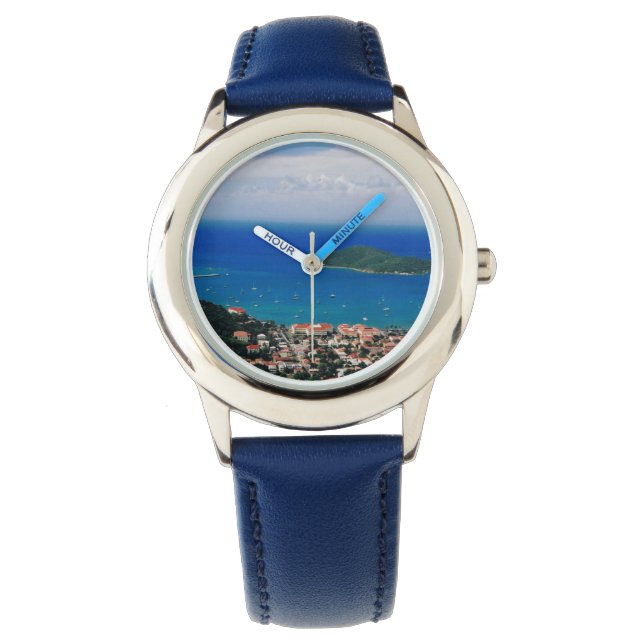 Montre à bande bleue avec scène de l'île (devant)