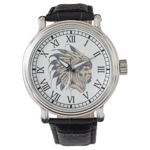 Montre à bracelet en cuir amérindien avec nombre