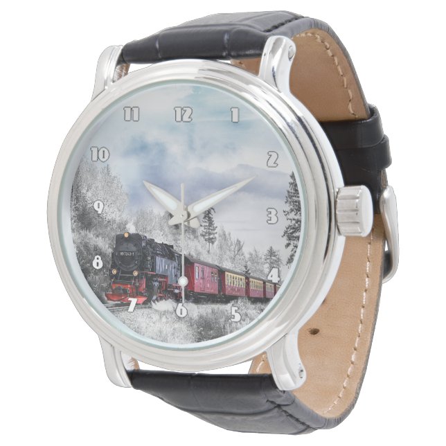 Montre à bracelet en cuir noir pour hommes (Incliné)