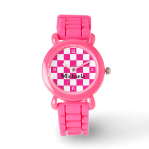 Montre à damiers rose chaud blanc rétro avec numéros Votr
