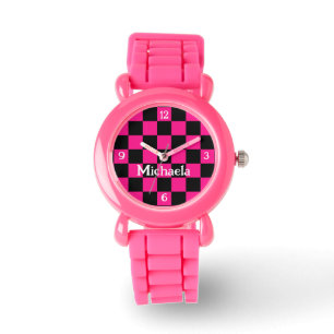 Montre à damiers rose chaud noir rétro avec numéros Votre