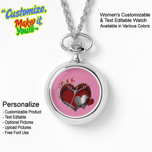 Montre à gousset en argent avec coeur magique, fac (Women's Heart Magic Silver Necklace Watch Featuring a Pink Face.)