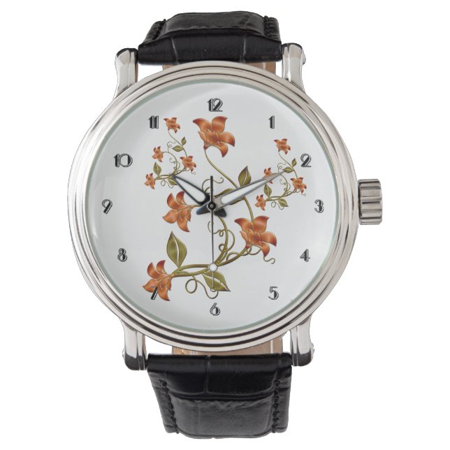 Montre à poignet à motif floral Lillies orange (devant)