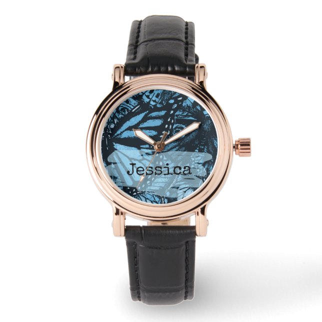 Montre Abstract Grunge Blue Butterfly Art Personalised (Recto)