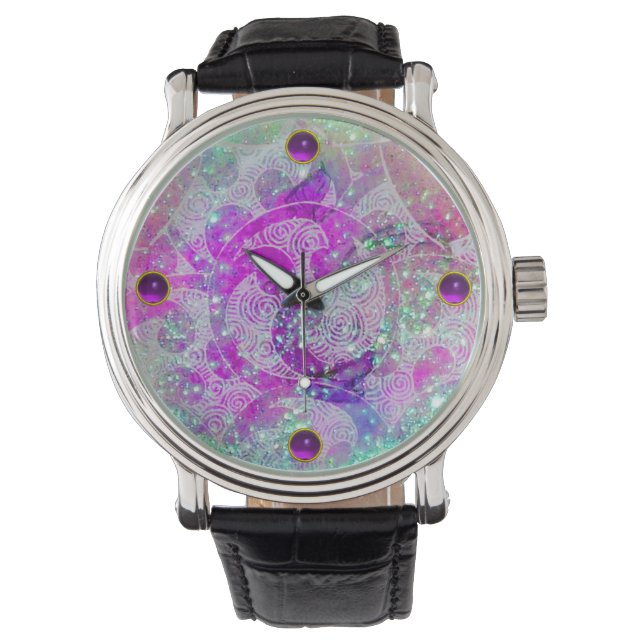 MONTRE ABSTRACT TEAL BLUE, PINK WAVES, SPARKLES, PURPLE G (devant)