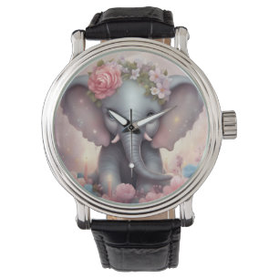 Montre Adorable bébé éléphant avec fleurs