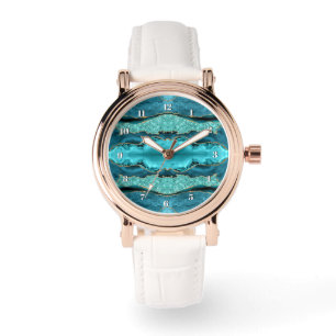 Montre Agate Bleu Sarcelle Or Paillettes Aqua Turq