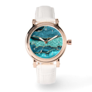 Montre Agate Bleu Sarcelle Or Paillettes Marbre Aqua Turq