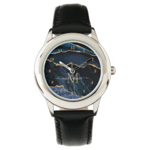 Montre Agate Marine Bleu Marbre Or Nom personnalisé Surve