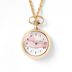 Montre Agate rose vierge avec ruban or Élégant