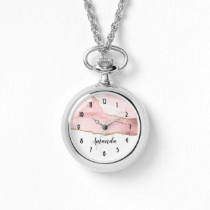 Montre Agate rose vierge avec ruban or Élégant