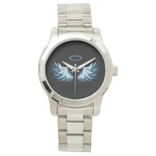 Montre Ailes d'ange bleues lumineuses sur fond noir
