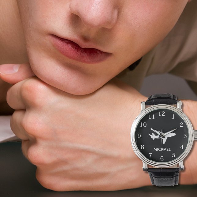Montre Airplane Pilot Aviation Black and White Custom   (Créateur téléchargé)