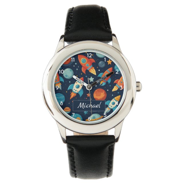 Montre Ajouter votre nom Cool Rocket Space et Planètes (devant)