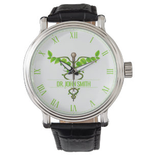 Montre Alternative Médicale Caduceus Vert Feuilles Blanc