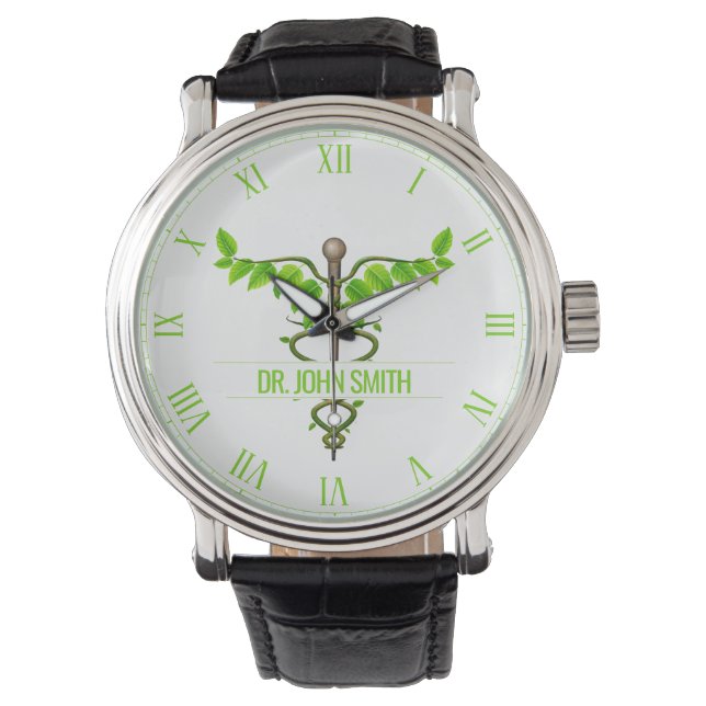 Montre Alternative Médicale Caduceus Vert Feuilles Blanc (devant)