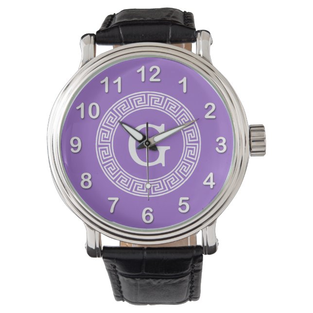 Montre Améthyste Wht Cadre Rnd Clé Grecque Monogramme Ini (devant)