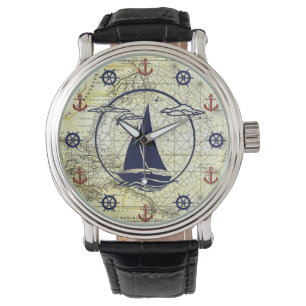 Montre Ancienne carte marine/silhouette de voilier/ancre/